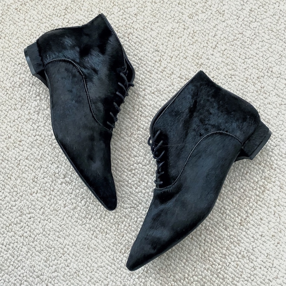 Cowhide Real Leather Blk Pointed Lace Up Boots